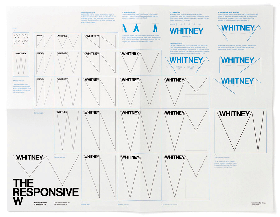 惠特尼美国艺术博物馆(Whitney Museum of American Art’)的标志，一个动态的W，”是一个简单而又具有非凡适应性的系统。W响应周围的艺术品和文字，允许巨大范围的灵活布局的可能性。