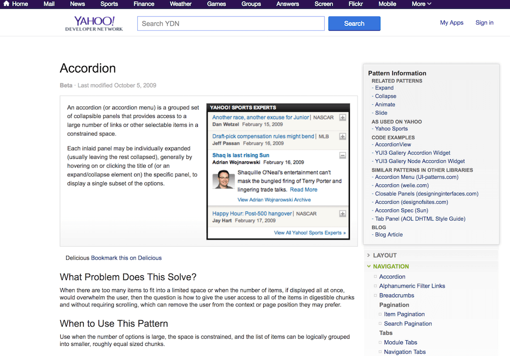 Yahoo&rsquo;s pattern library was one of the first examples of documented interface patterns.