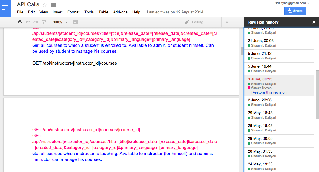 Revision history of Google Docs